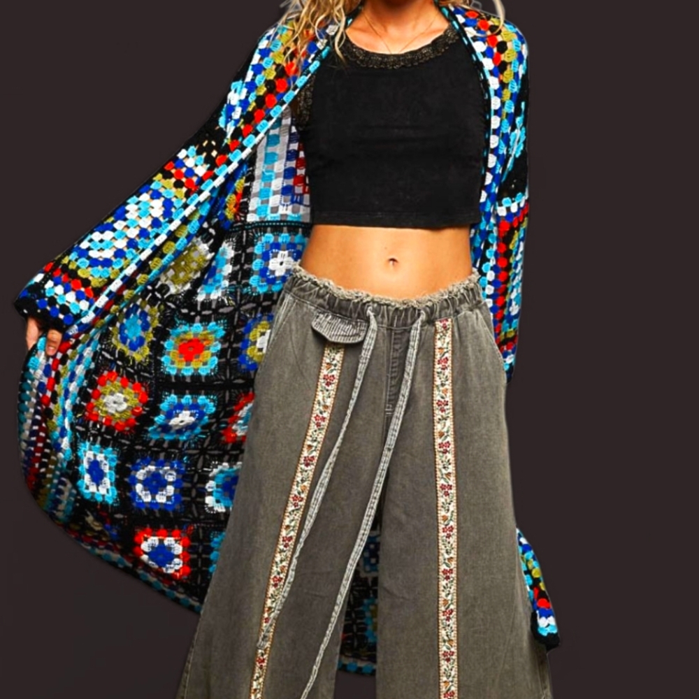POL Multicolor Crochet Knit Open Cardigan